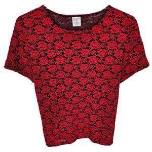Westbound II Women's Size 1X Red Black Sheer Floral Blouse Top Short Sleeve